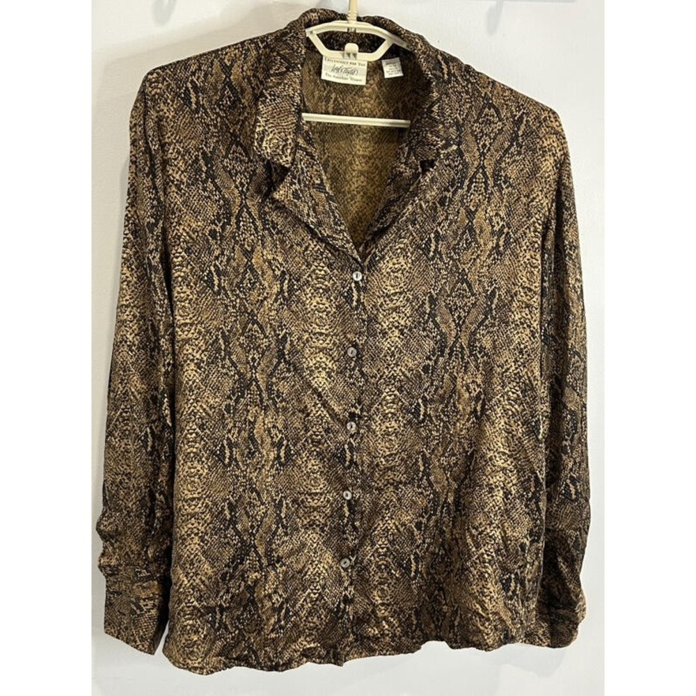 Lord & Taylor Brown Black Snakeskin Print Long Sleeve Silk Button Blouse 18W